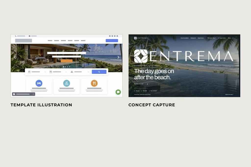 An illustrative template and a capture of the ENTREMA hotel concept in English.