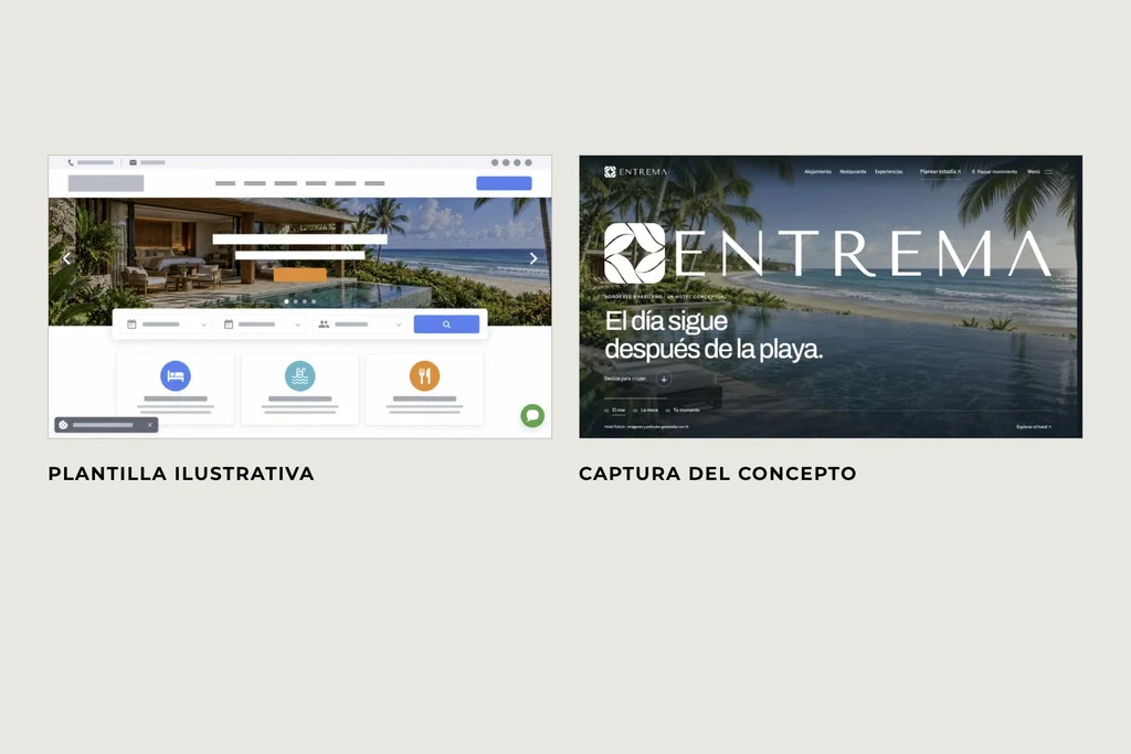Una plantilla ilustrativa y una captura del hotel conceptual ENTREMA en español.