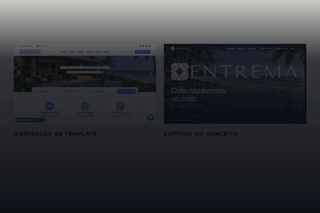 Ilustração de template e captura do hotel-conceito ENTREMA em português.