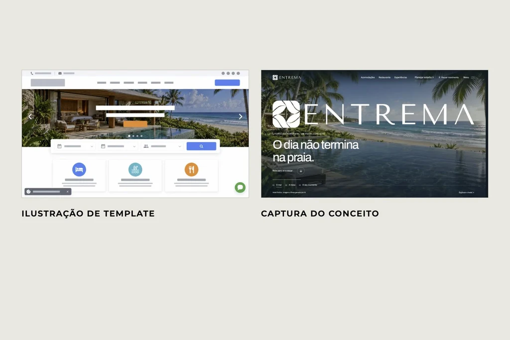 Ilustração de template e captura do hotel-conceito ENTREMA em português.