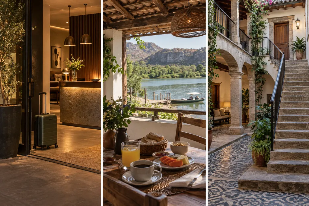 Três hospedagens conceituais lado a lado: recepção urbana à noite com uma mala, café numa varanda à beira do rio e pátio de casa histórica com escadaria.