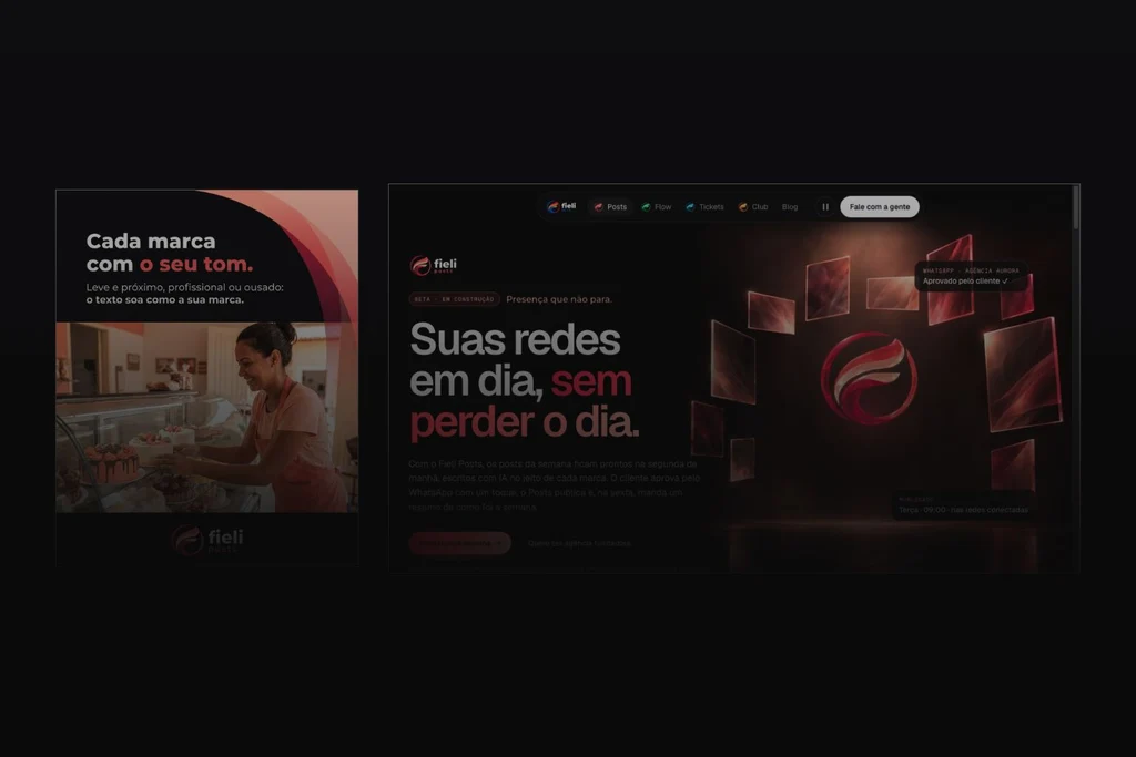Comparação de uma publicação coral do Fieli Posts com a página do produto no fieli.app, preservando os textos originais em português.