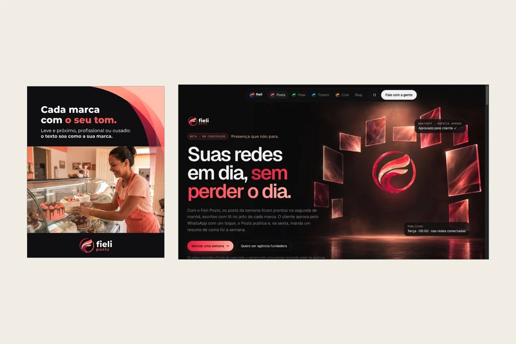 Comparação de uma publicação coral do Fieli Posts com a página do produto no fieli.app, preservando os textos originais em português.