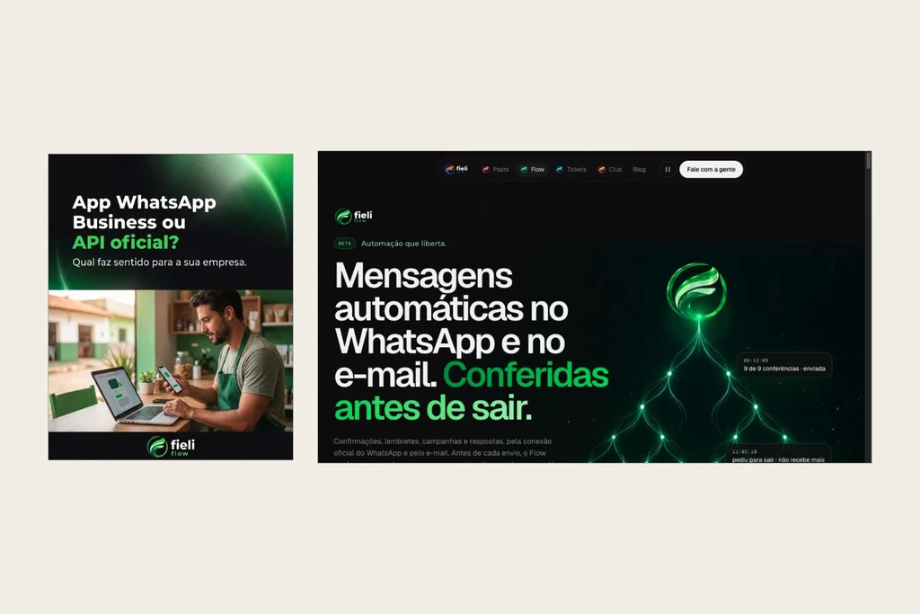 Comparação de uma publicação verde do Fieli Flow com a página do produto no fieli.app, mostrando a continuidade de cor e hierarquia.