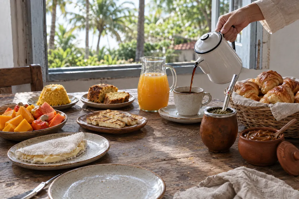 Mesa de desayuno de una posada junto a una ventana con cocoteros: de un lado tapioca, cuscús de maíz, queso coalho a la plancha, budín y frutas; del otro, una canasta de medialunas, un pote de dulce de leche y un mate, mientras una mano sirve café de una cafetera enlozada.