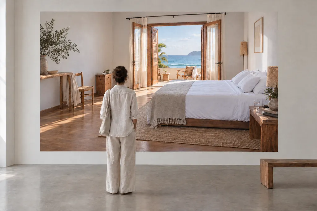 In a bright room with a concrete floor, a person seen from behind looks at a life-size photograph of a seaside hotel room that fills the wall.