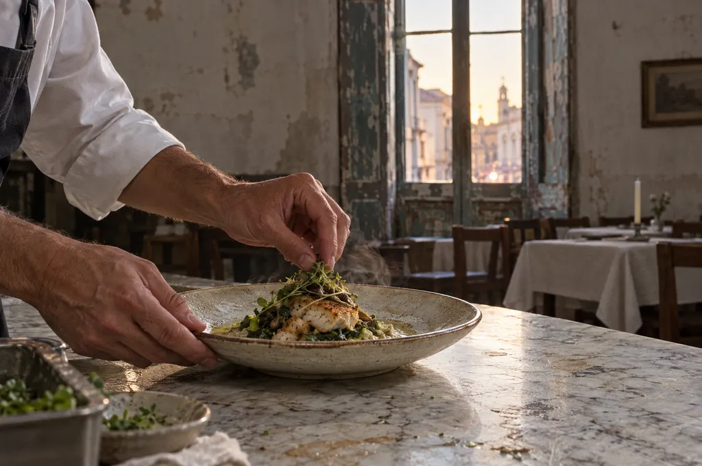 A cook's hands finish a plate on a worn marble counter, in front of an old window at dusk, in a small restaurant with linen-covered tables.