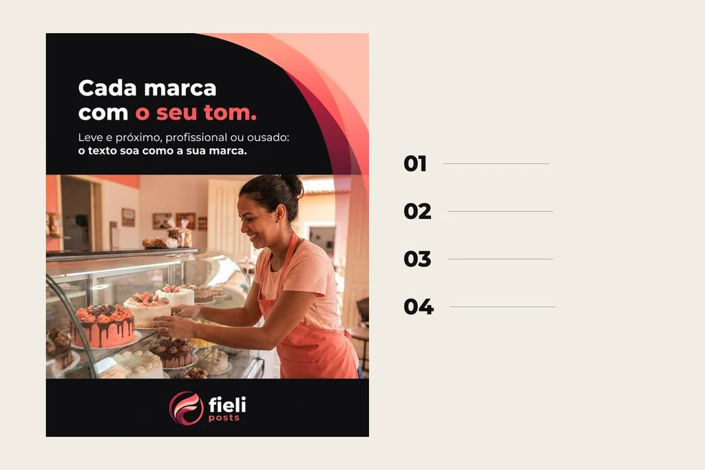 The Fieli Posts artwork Cada marca com o seu tom alongside four markers: curve, highlighted words, work scene and signature.