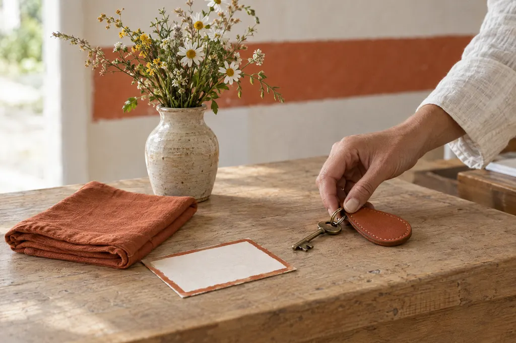 Balcão de recepção de uma pousada pela manhã: a mão de uma recepcionista deixa uma chave com chaveiro de couro ocre ao lado de um guardanapo ocre e de um cartão com borda ocre; na parede, uma faixa da mesma cor.