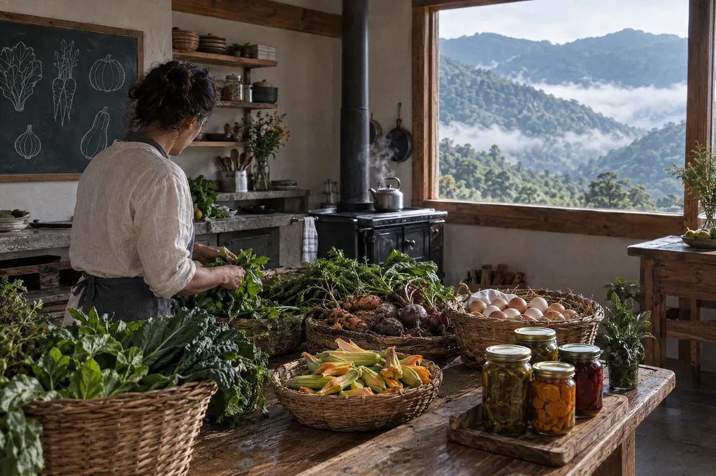 Cozinha aberta de uma pousada na serra pela manhã: cestos com folhas, raízes com terra, flores de abóbora e ovos, potes de conserva, uma cozinheira de costas e, pela janela, montanhas com neblina.