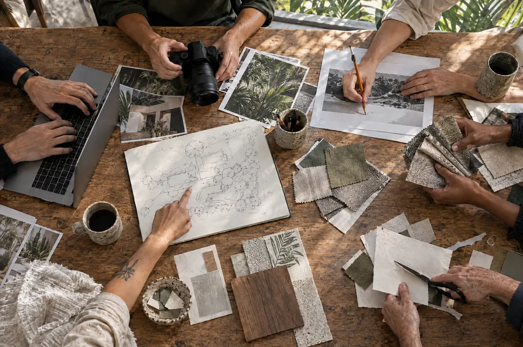 Vista de cima de uma mesa de trabalho com as mãos de várias pessoas ao mesmo tempo: uma câmera, provas de fotos, um esboço de planta, amostras de tecido e papel e um notebook.
