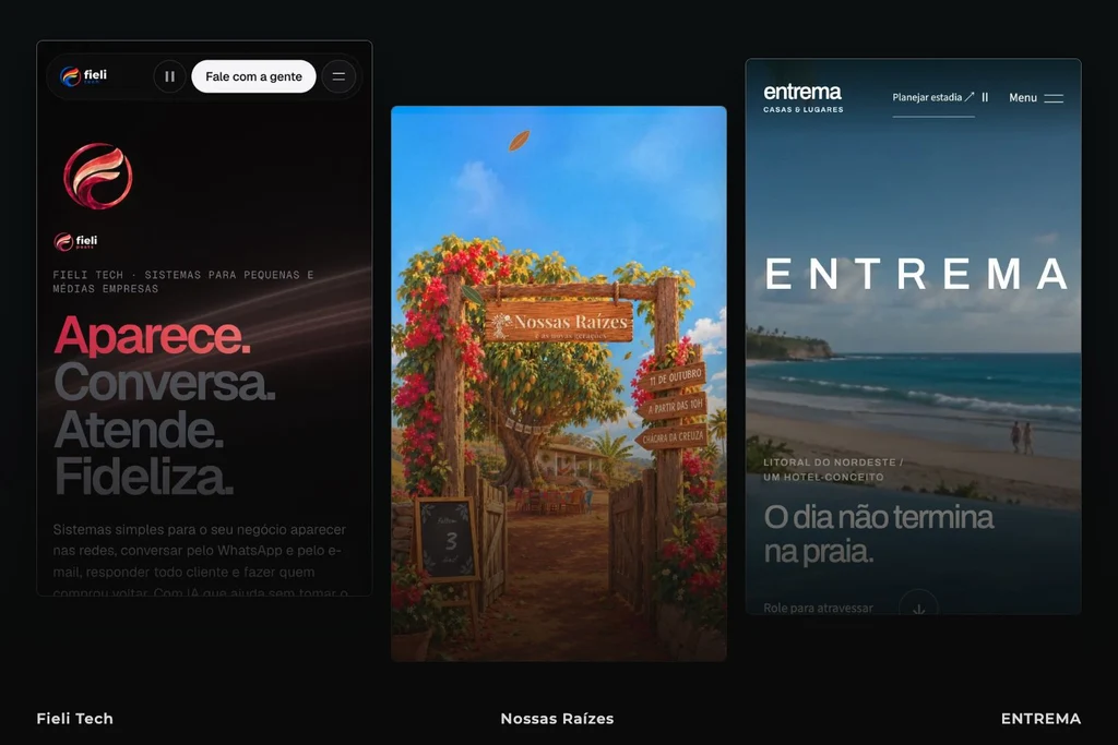Editorial composition with excerpts from the Fieli Tech, Nossas Raízes and ENTREMA websites, showing three distinct visual languages created by fieli studio.