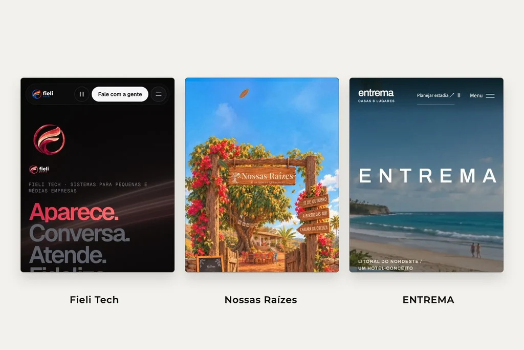 Excerpts from Fieli Tech, the family project Nossas Raízes and the concept hotel ENTREMA: technology, memory and hospitality with distinct identities. Original interfaces shown in Portuguese.