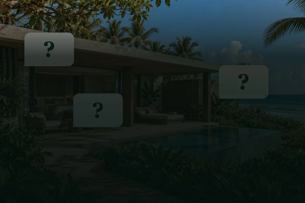Casa Horizonte at the fictional ENTREMA hotel with illustrative question-mark bubbles over the image.