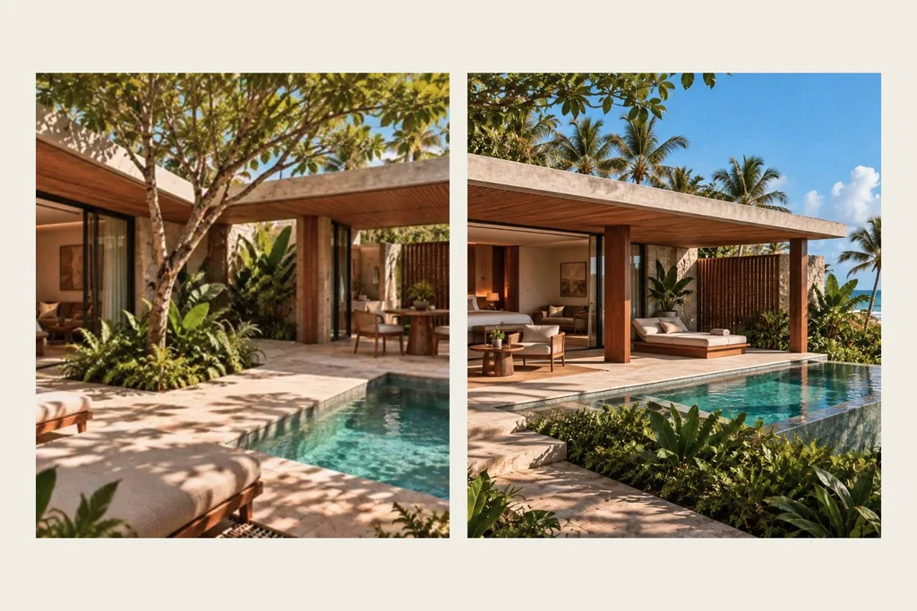 Jardim and Horizonte houses at the fictional ENTREMA hotel: a garden courtyard and a sea outlook.