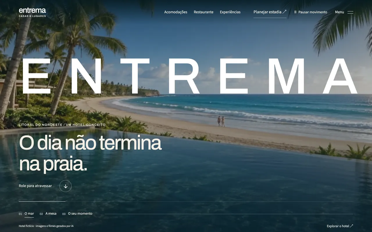 Cover of entrema, a fictional concept hotel: the beach and an infinity pool beneath the name ENTREMA, with the headline The day doesn't end at the beach.