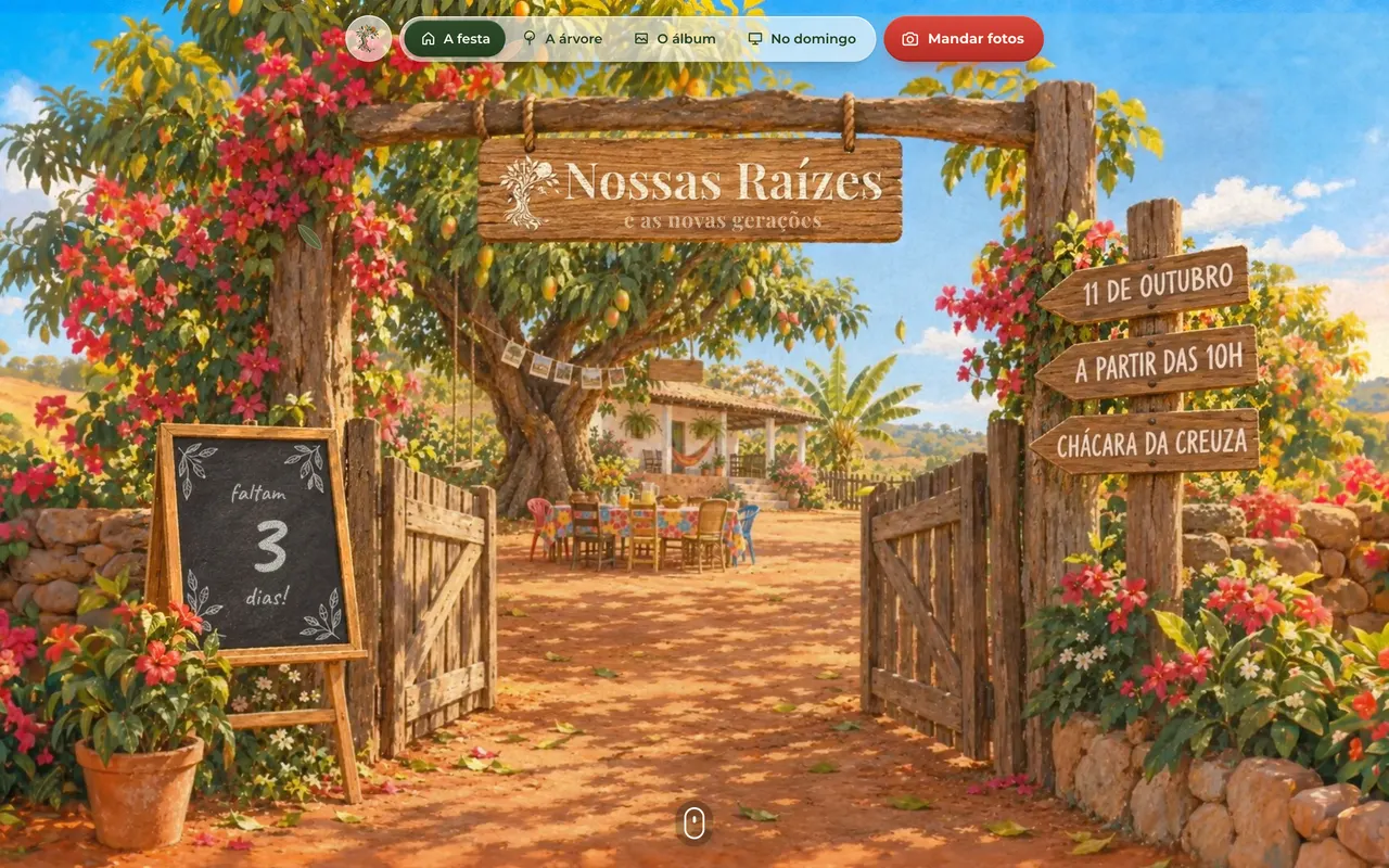 Cover of the Nossas Raízes website: an illustrated farm gate with flowers, a chalkboard countdown and signs with the date of the party.